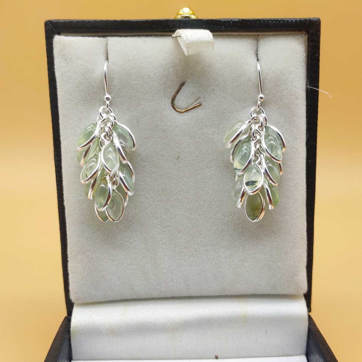 Handcrafted Silver Leaf Cluster Prehnite Dangle Earrings