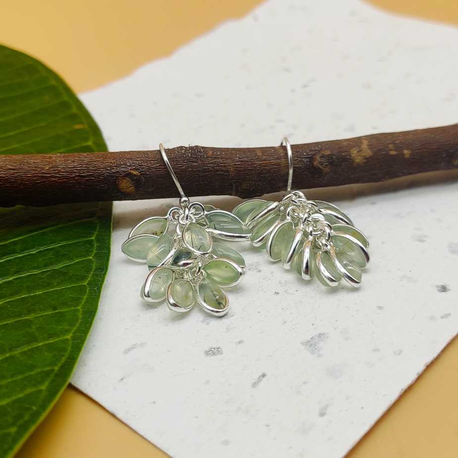 Handcrafted Silver Leaf Cluster Prehnite Dangle Earrings