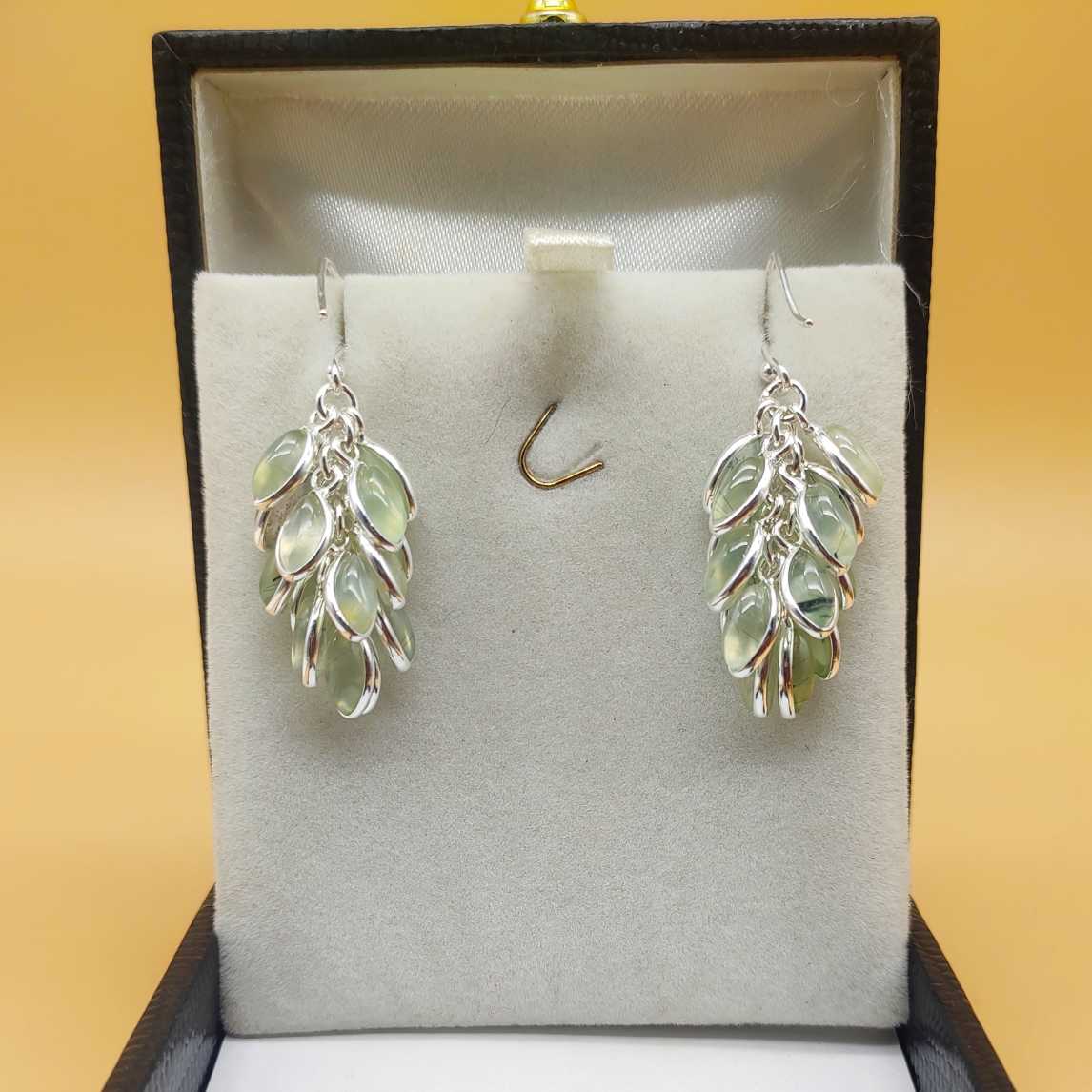 Handcrafted Silver Leaf Cluster Prehnite Dangle Earrings