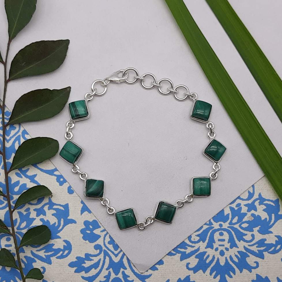 Natural Malachite Square Shape Bracelet Handmade 925 Sterling Silver Jewelry