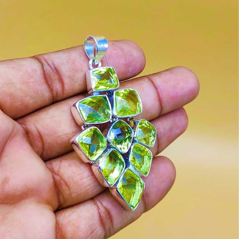 Faceted Lemon Topaz 925 Silver Chunky Pendant Necklace