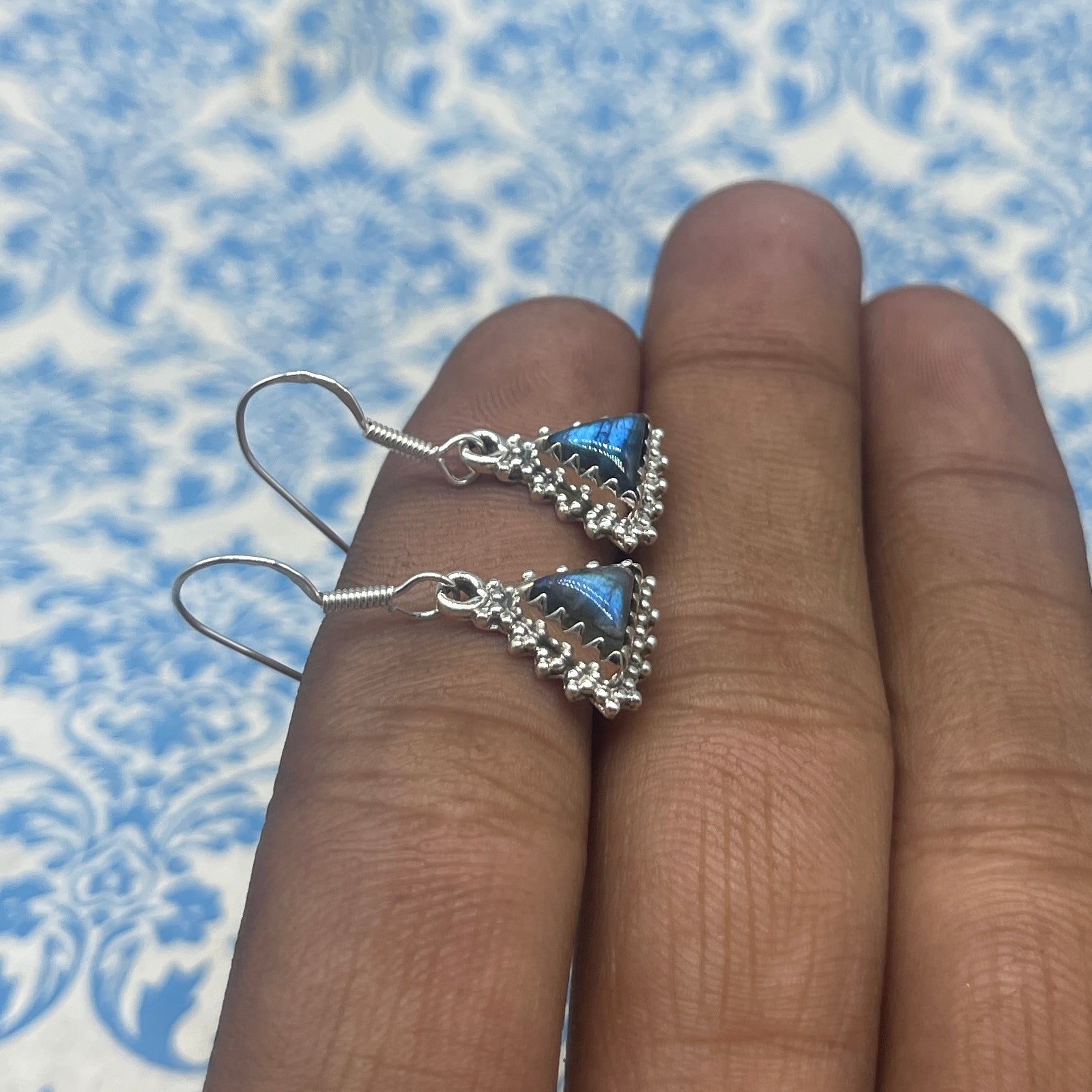 Labradorite Silver Trillion Earrings – Modern Chic Gemstone Style