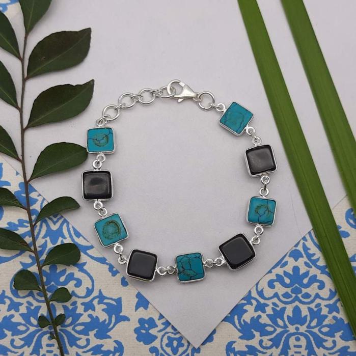 Handmade 925 Sterling Silver Turquoise Bracelet Square Shape Jewelry