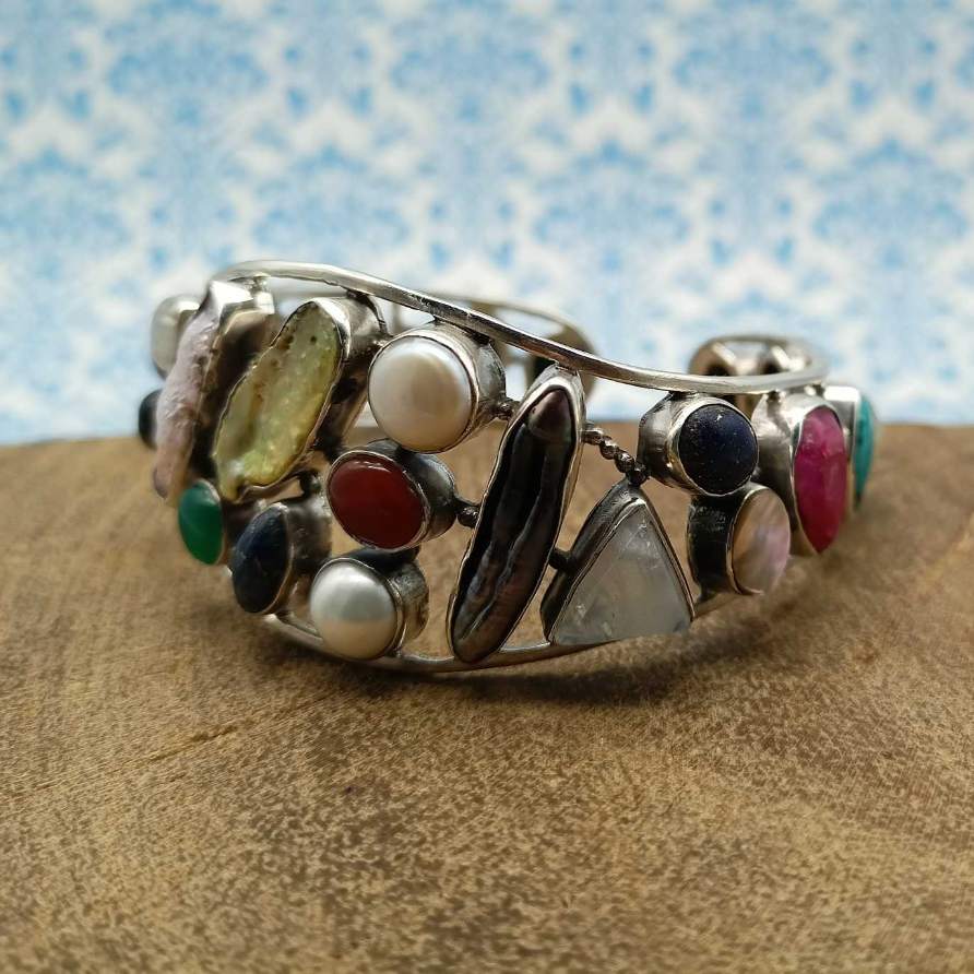 925 Sterling Silver AAA Quality Natural Multi Gemstones Cuff Bracelet