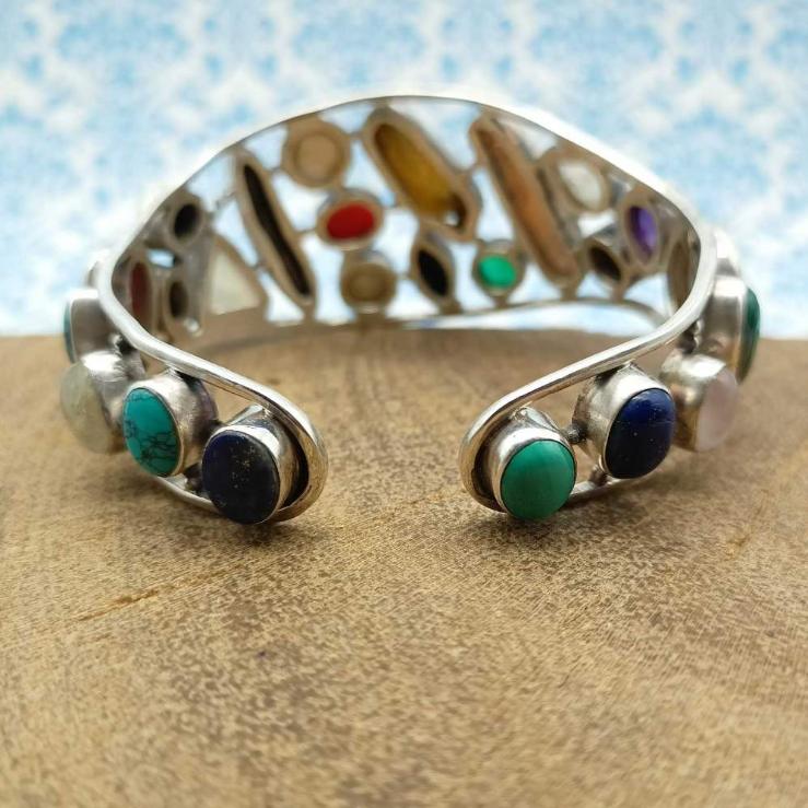 925 Sterling Silver AAA Quality Natural Multi Gemstones Cuff Bracelet