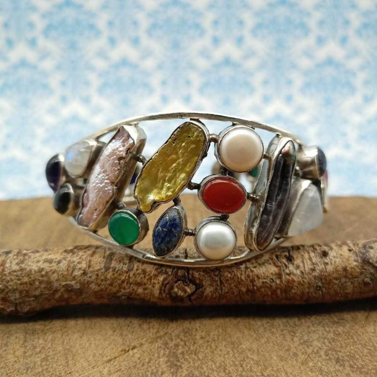 925 Sterling Silver AAA Quality Natural Multi Gemstones Cuff Bracelet