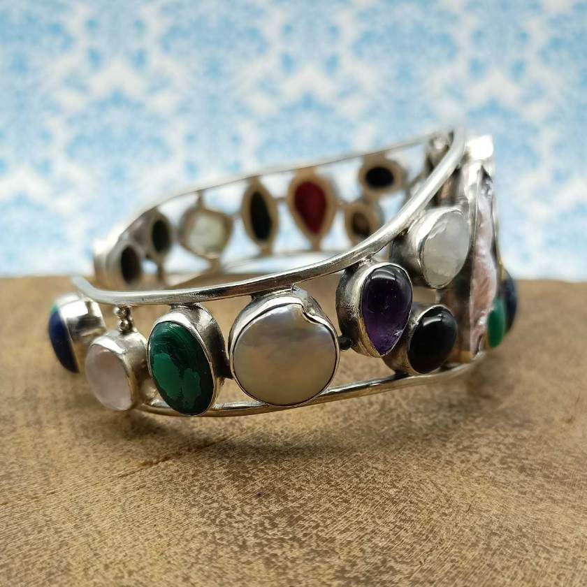925 Sterling Silver AAA Quality Natural Multi Gemstones Cuff Bracelet
