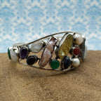 925 Sterling Silver AAA Quality Natural Multi Gemstones Cuff Bracelet