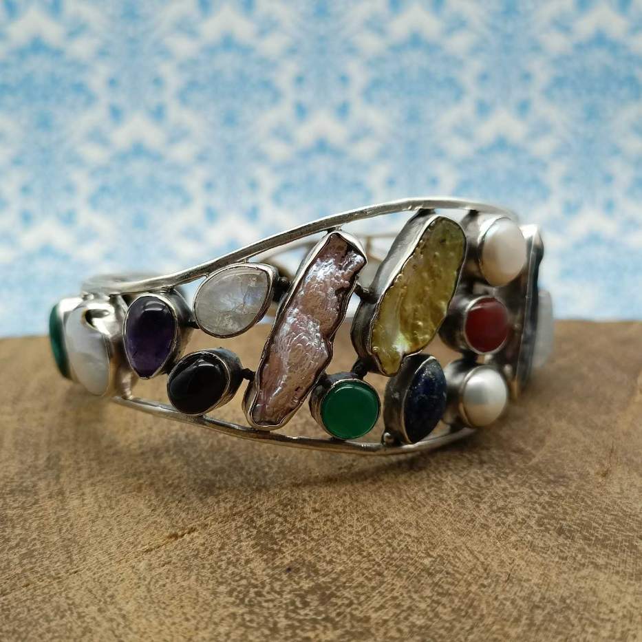 925 Sterling Silver AAA Quality Natural Multi Gemstones Cuff Bracelet