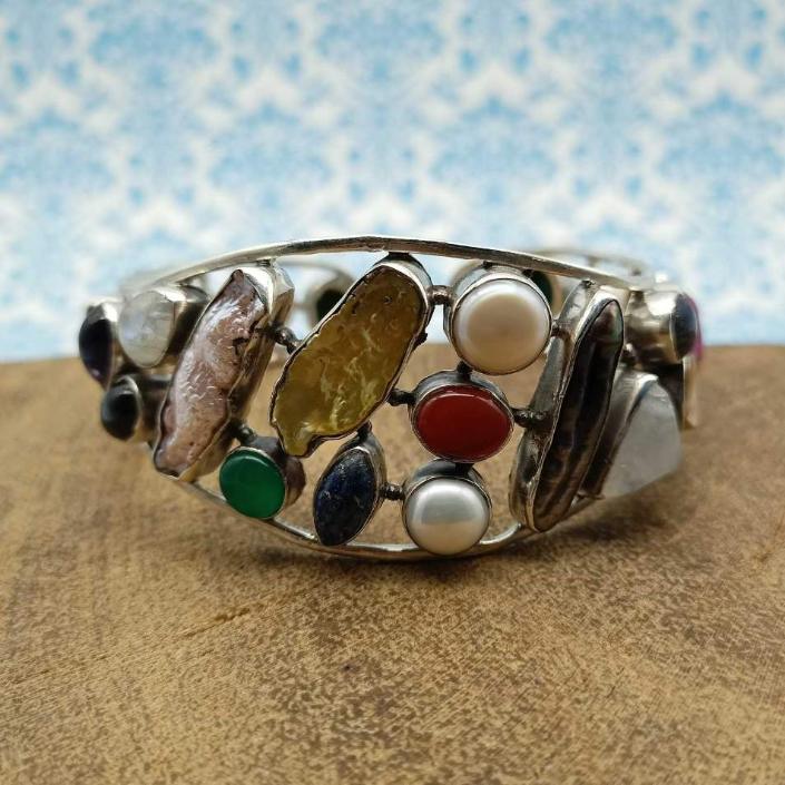 925 Sterling Silver AAA Quality Natural Multi Gemstones Cuff Bracelet