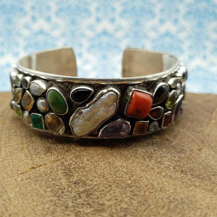 Sterling Silver AAA Quality Natural Multi Gemstones Cuff Bracelet