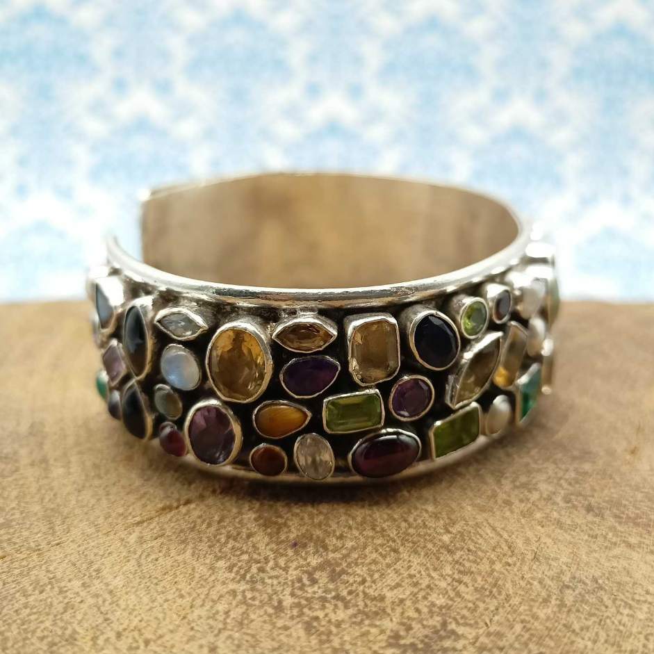 Sterling Silver AAA Quality Natural Multi Gemstones Cuff Bracelet