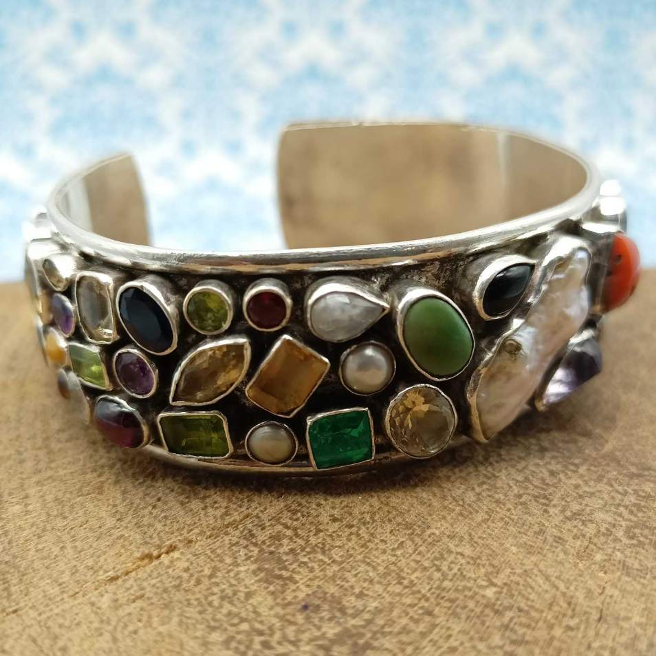 Sterling Silver AAA Quality Natural Multi Gemstones Cuff Bracelet