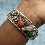 Sterling Silver AAA Quality Natural Multi Gemstones Cuff Bracelet