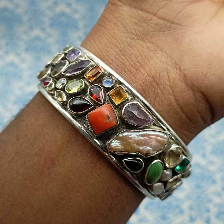 Sterling Silver AAA Quality Natural Multi Gemstones Cuff Bracelet