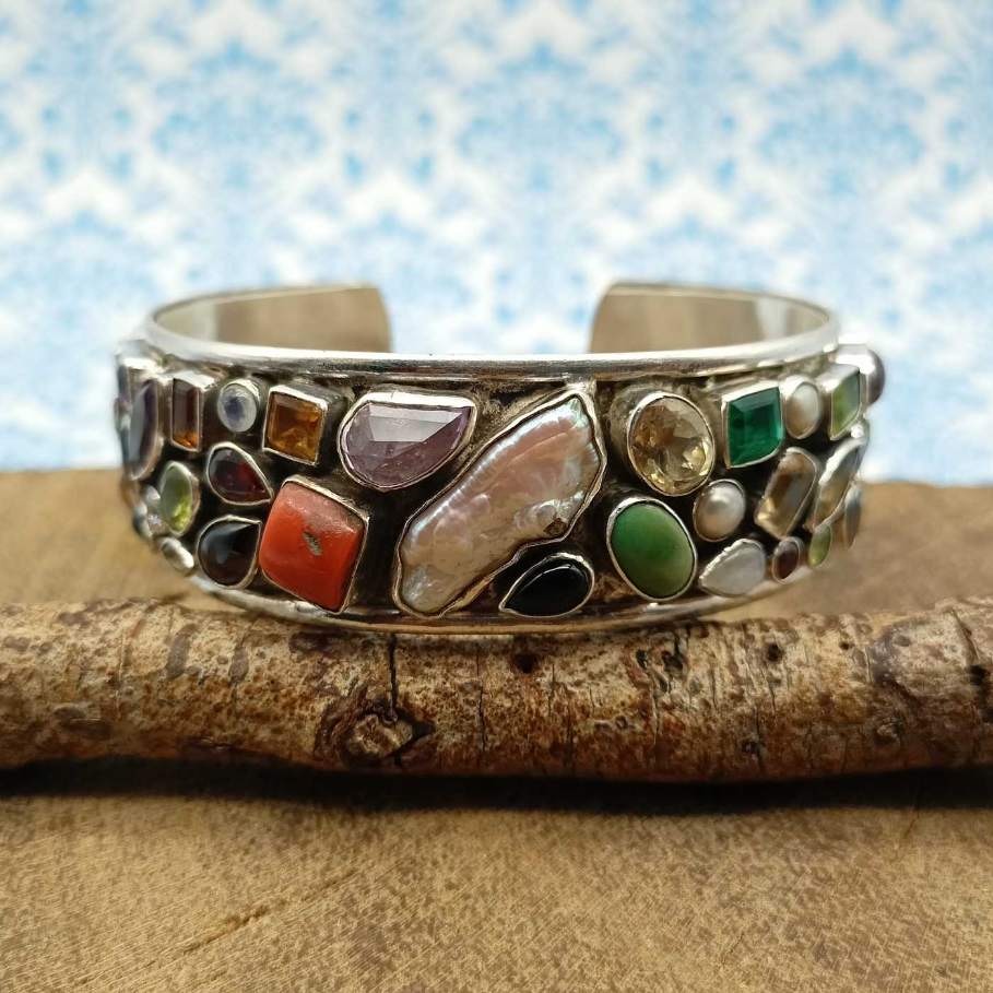 Sterling Silver AAA Quality Natural Multi Gemstones Cuff Bracelet