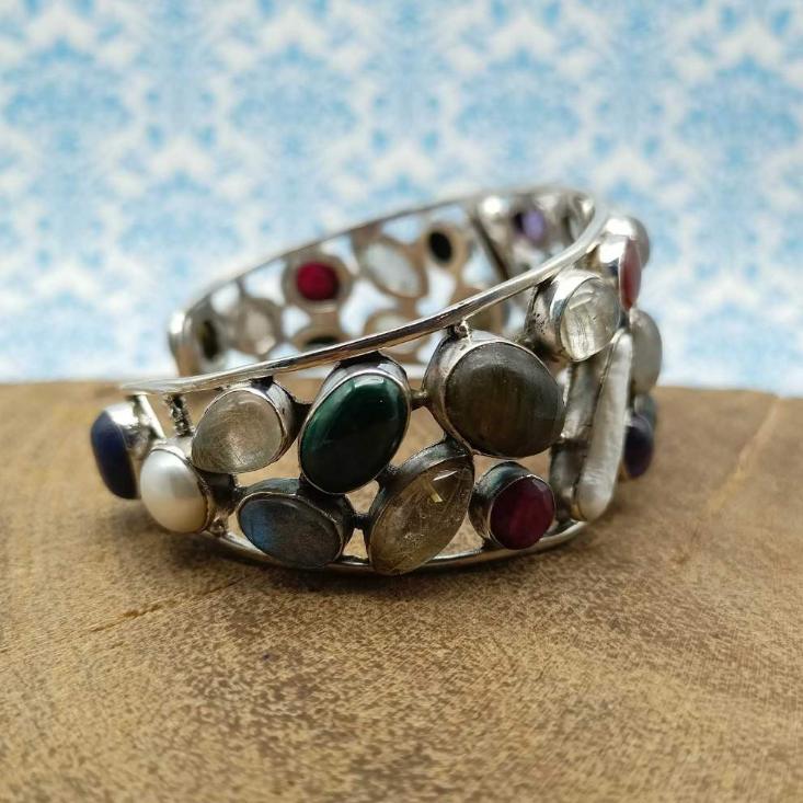 Fine Sterling Silver Natural Multi Gemstones Cuff Bracelet
