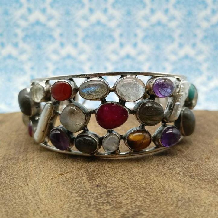 Fine Sterling Silver Natural Multi Gemstones Cuff Bracelet