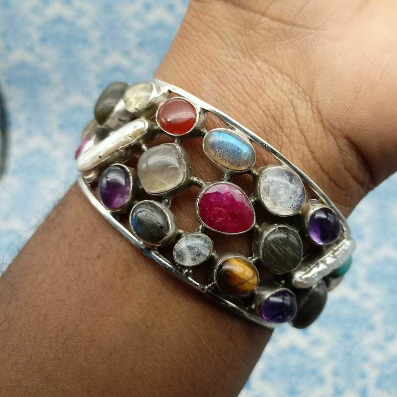 Fine Sterling Silver Natural Multi Gemstones Cuff Bracelet