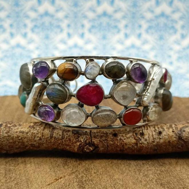 Fine Sterling Silver Natural Multi Gemstones Cuff Bracelet