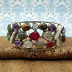 Fine Sterling Silver Natural Multi Gemstones Cuff Bracelet