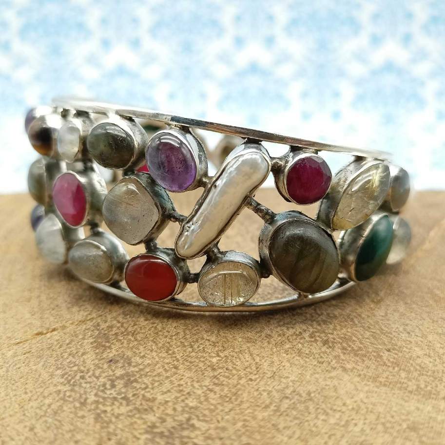Fine Sterling Silver Natural Multi Gemstones Cuff Bracelet