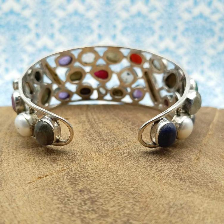 Fine Sterling Silver Natural Multi Gemstones Cuff Bracelet