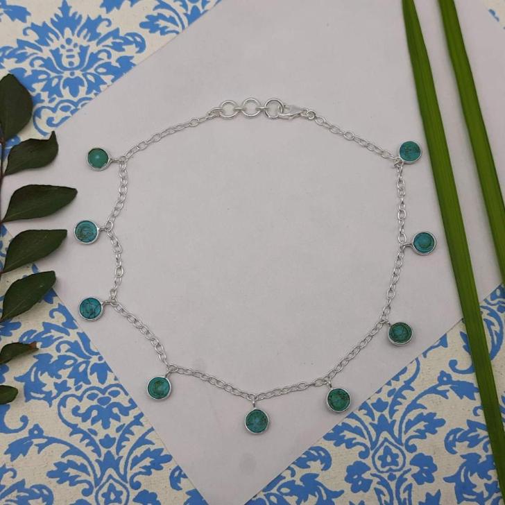 Handmade Tibetan Turquoise Bracelet in 925 Sterling Silver Elegant Gemstone Design