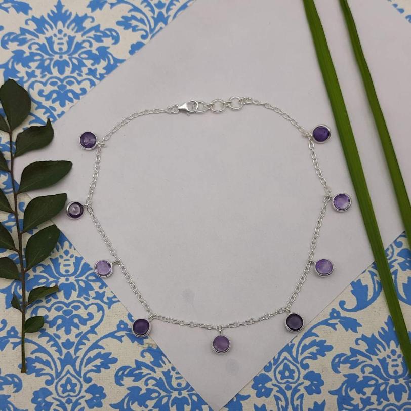Natural Amethyst Round Shape Bracelet 925 Sterling Silver Handmade Fine Jewelry