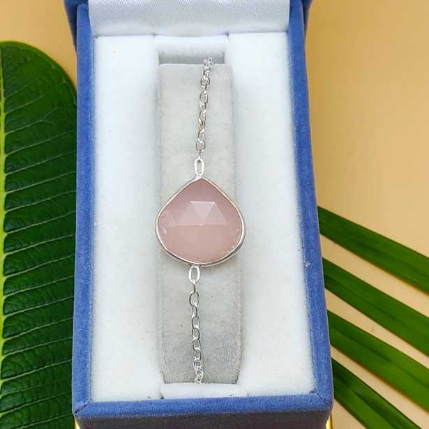 Fine Dainty Rose Quartz Drop Silver Chain Bracelet