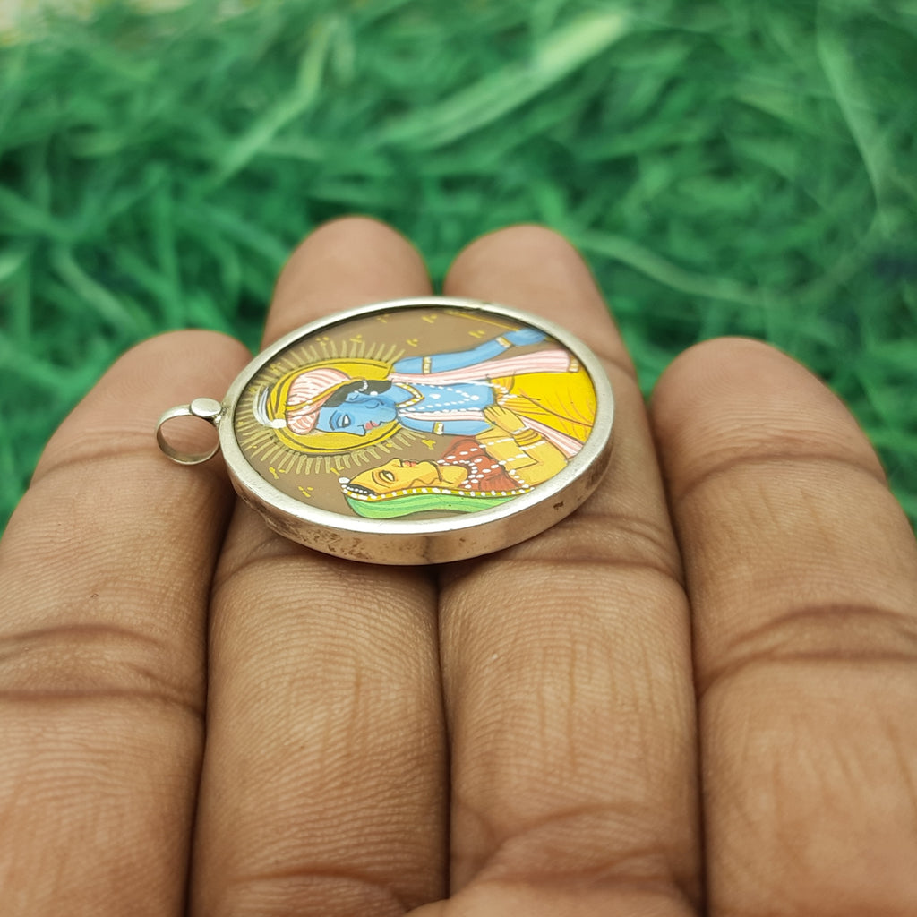 Radha Krishna Hand-Painted Pendant in 925 Sterling Silver – Eternal Love Divine Jewelry
