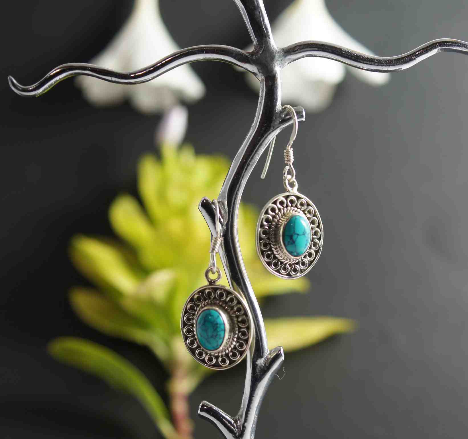 Oval Turqoise 925 Silver Dangle Earrings