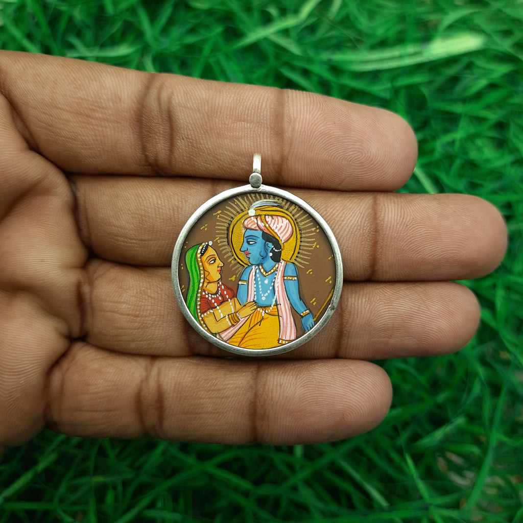 Radha Krishna Hand-Painted Pendant in 925 Sterling Silver – Eternal Love Divine Jewelry