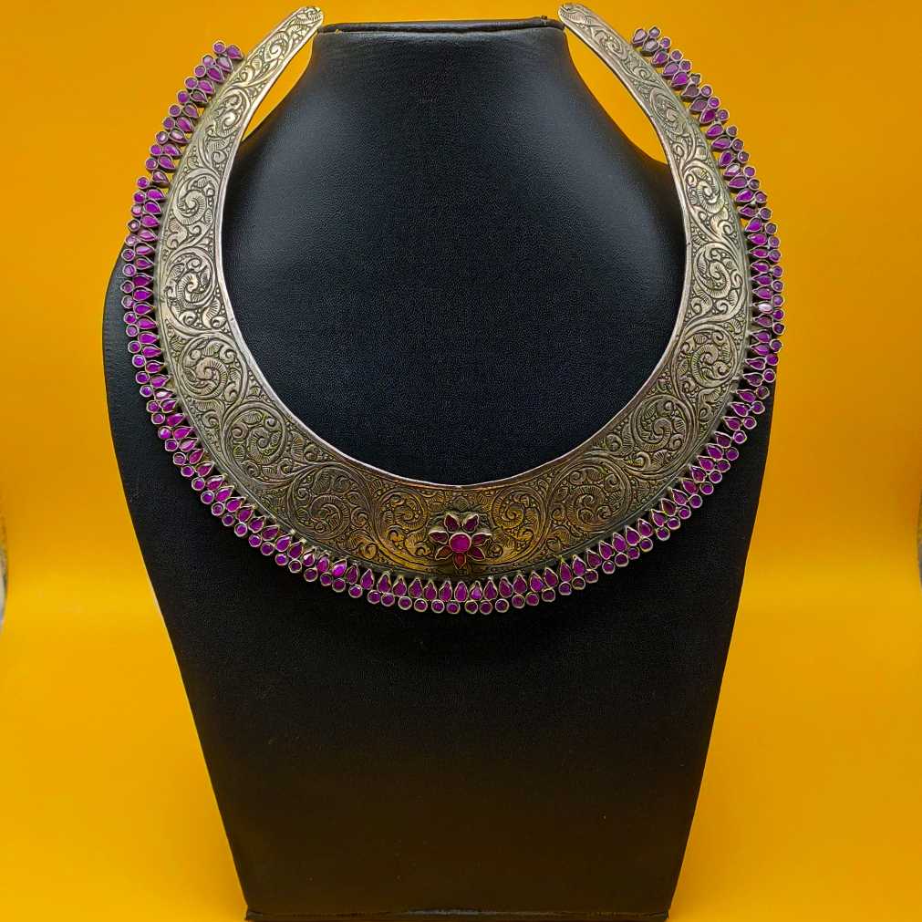 Tribal Hasli Rhodonite 925 Silver Choker Ethnic Necklace