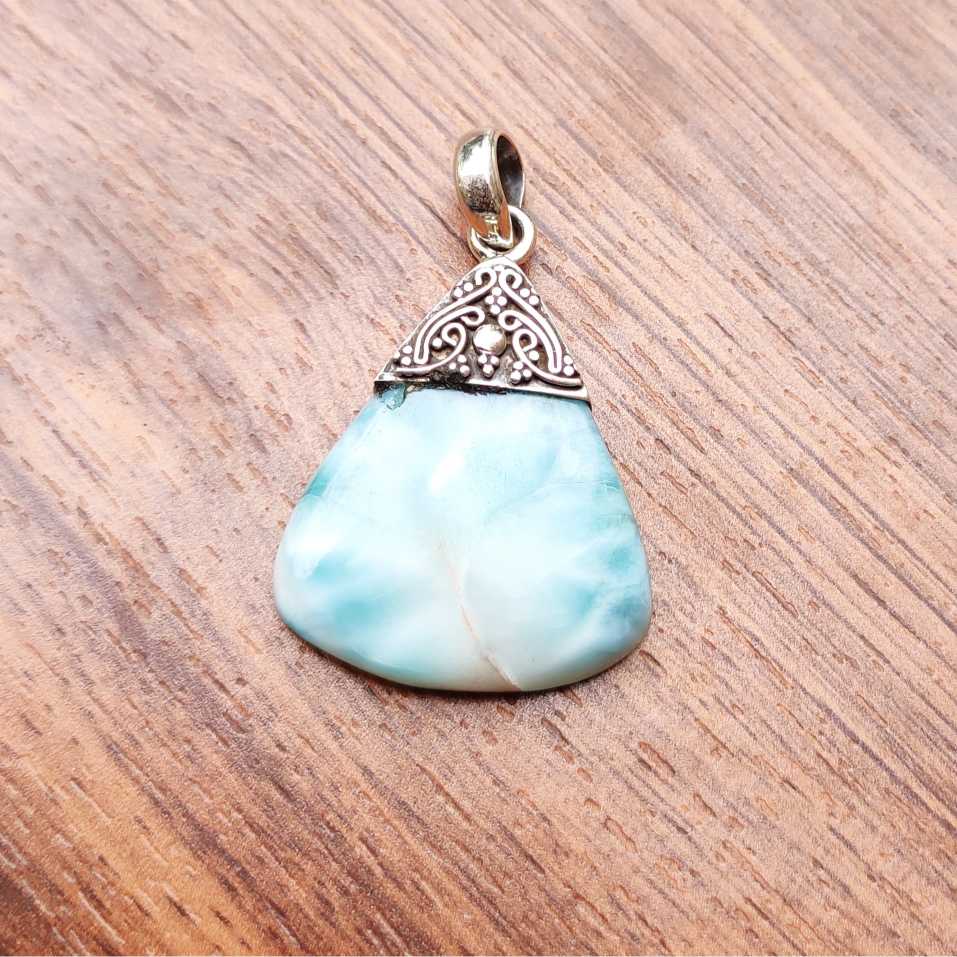Pear Shape Larimar 925 Silver Pendant Cap Design Boho Artisan