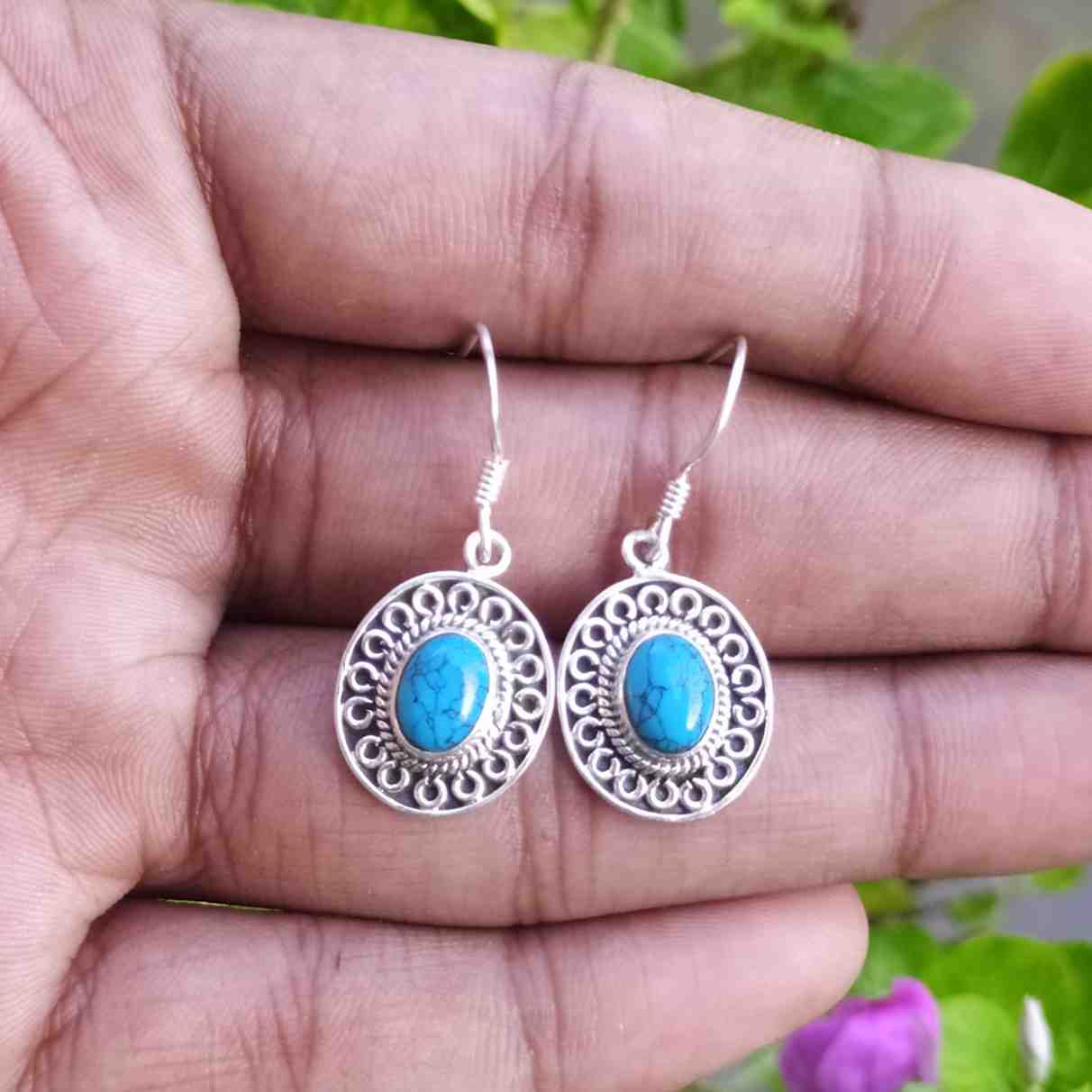 Oval Turqoise 925 Silver Dangle Earrings