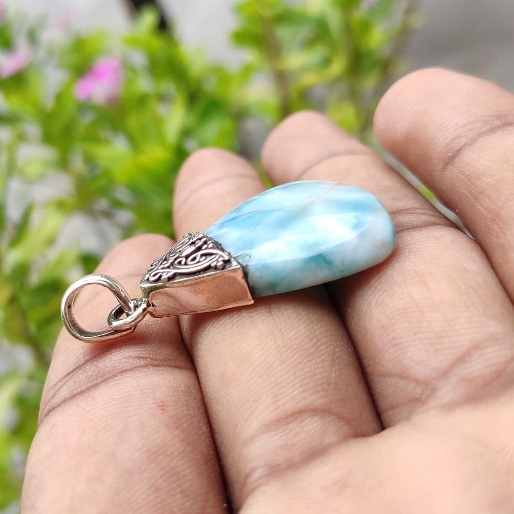 Pear Shape Larimar 925 Silver Pendant Cap Design Boho Artisan