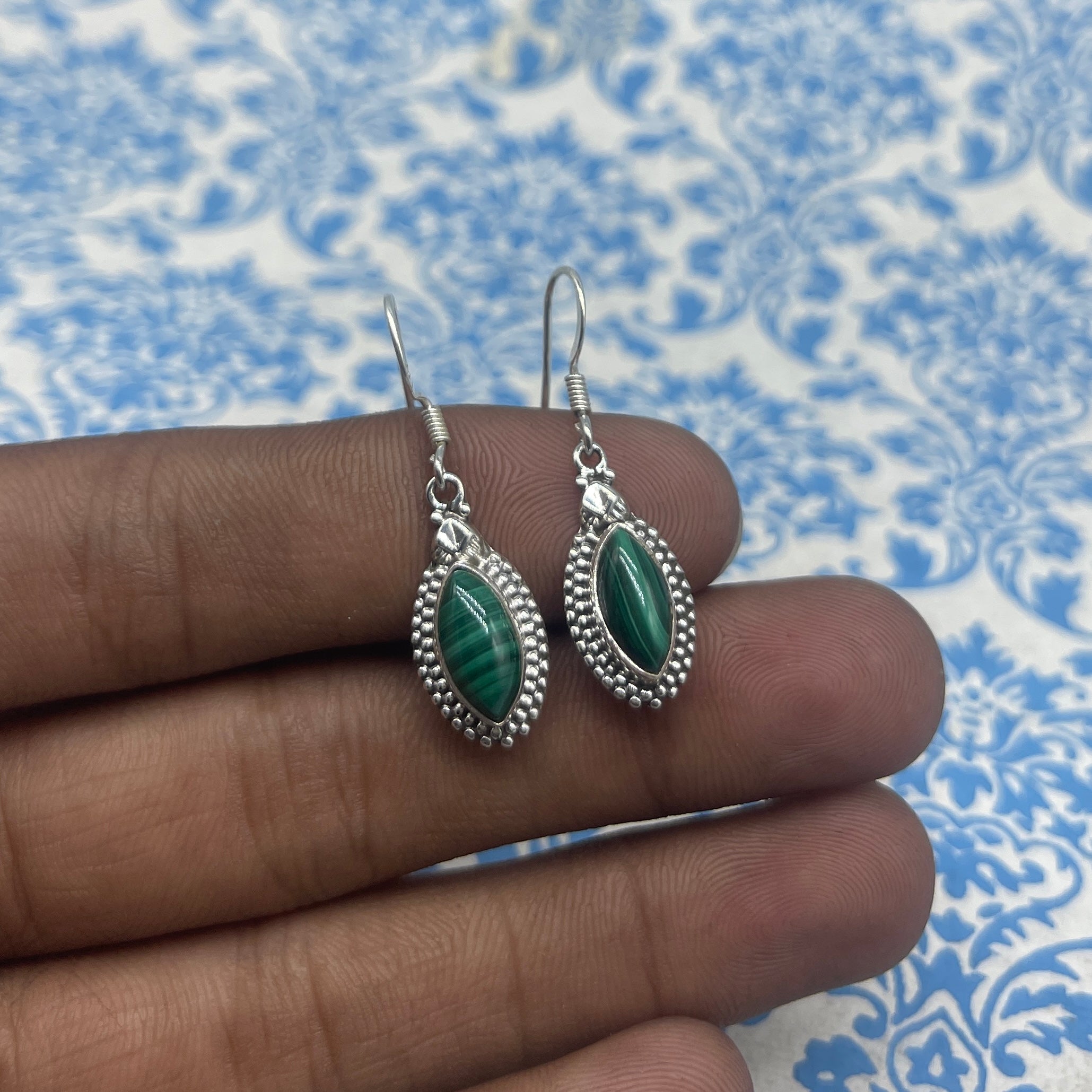 925 Sterling Silver Malachite Marquise Earrings – Chic Modern Gemstone Design