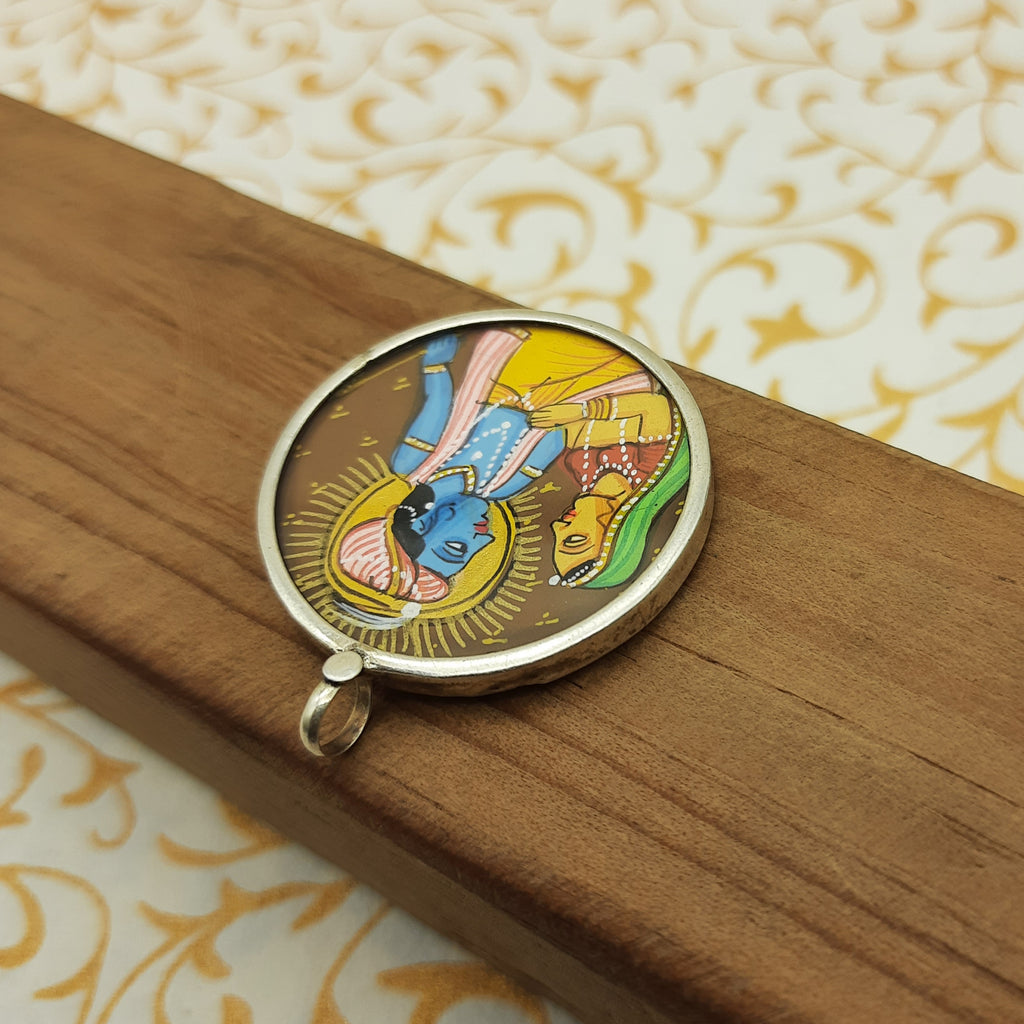 Radha Krishna Hand-Painted Pendant in 925 Sterling Silver – Eternal Love Divine Jewelry