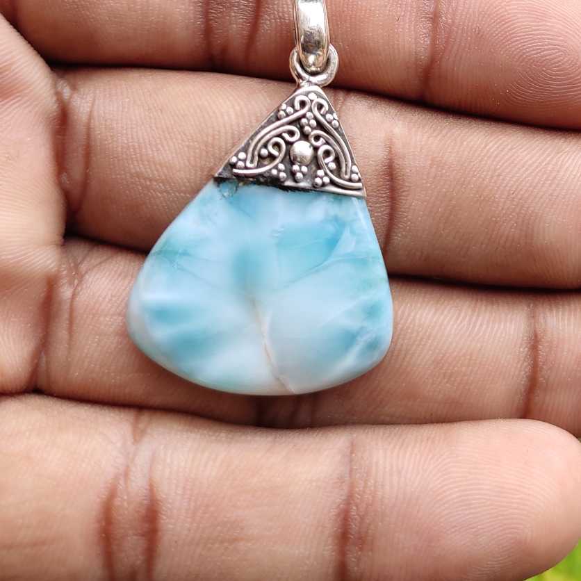 Pear Shape Larimar 925 Silver Pendant Cap Design Boho Artisan