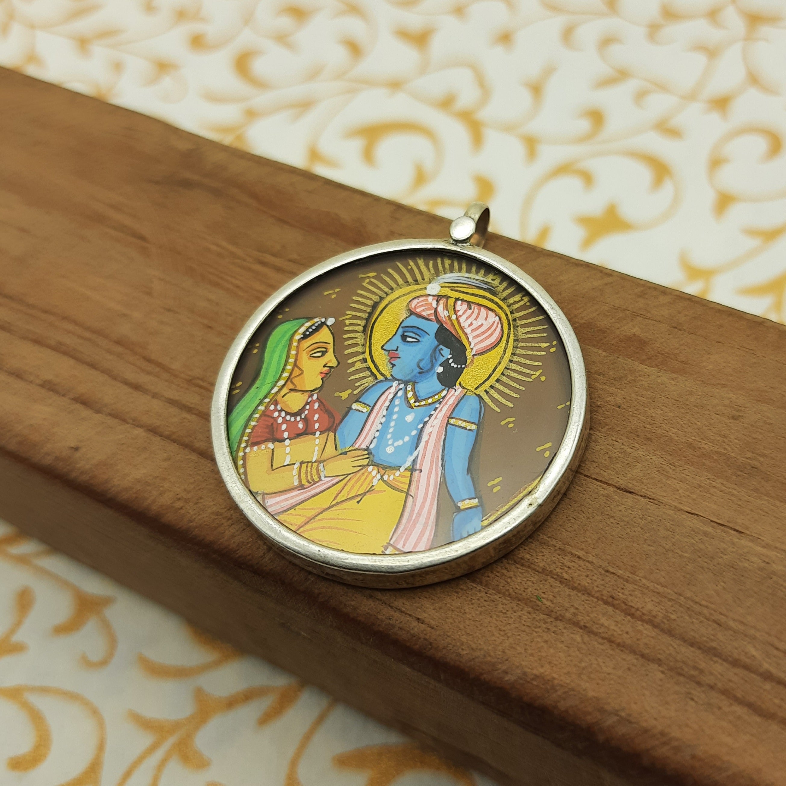 Radha Krishna Hand-Painted Pendant in 925 Sterling Silver – Eternal Love Divine Jewelry