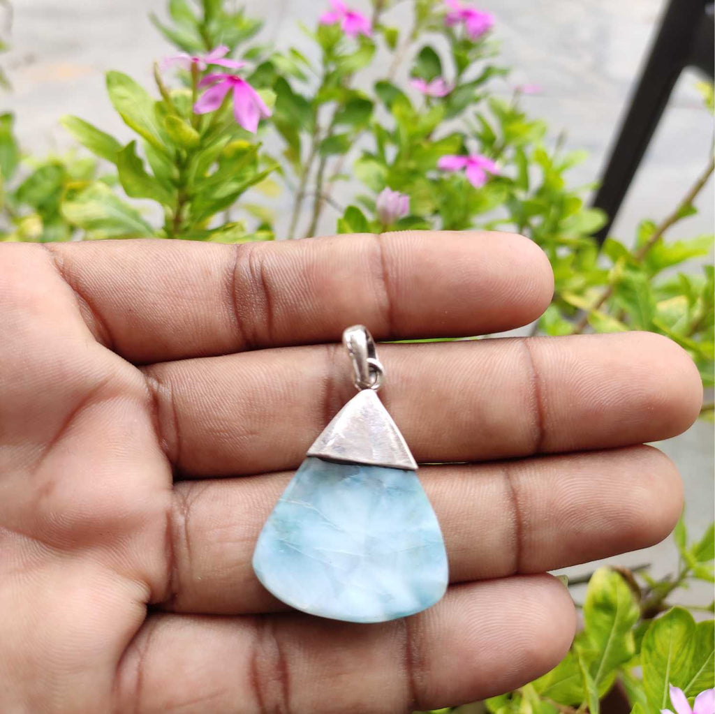 Pear Shape Larimar 925 Silver Pendant Cap Design Boho Artisan
