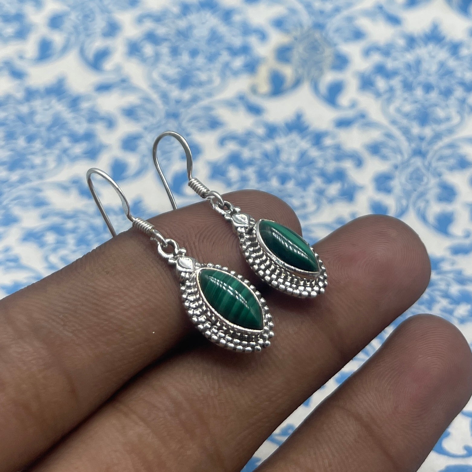 925 Sterling Silver Malachite Marquise Earrings – Chic Modern Gemstone Design