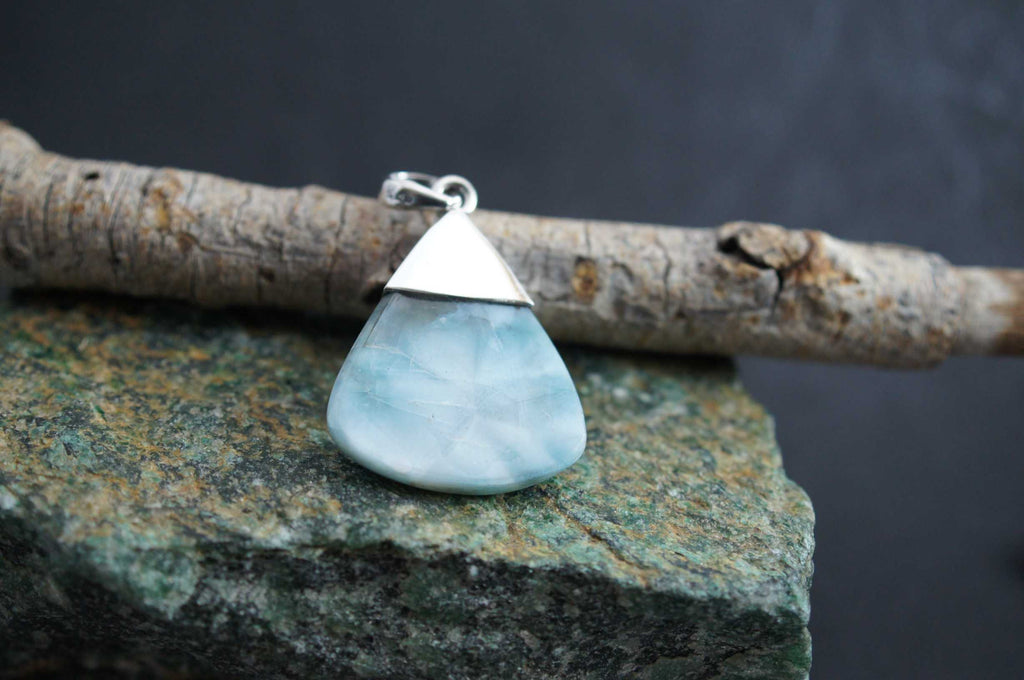 Pear Shape Larimar 925 Silver Pendant Cap Design Boho Artisan