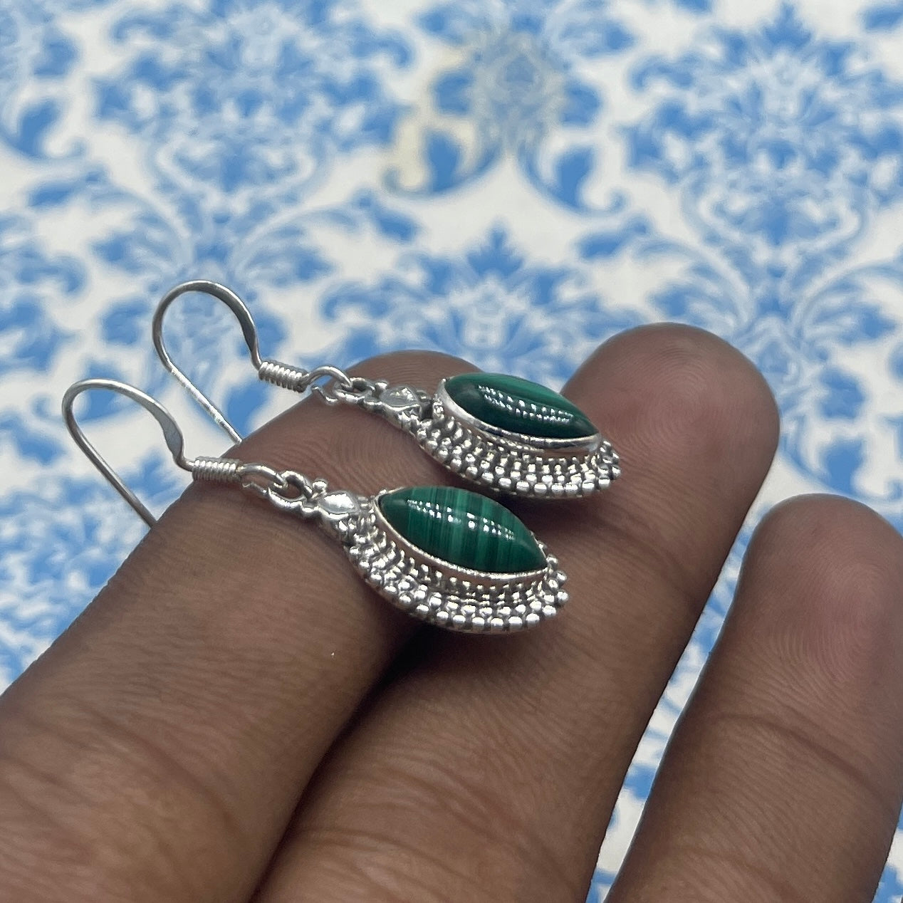 925 Sterling Silver Malachite Marquise Earrings – Chic Modern Gemstone Design