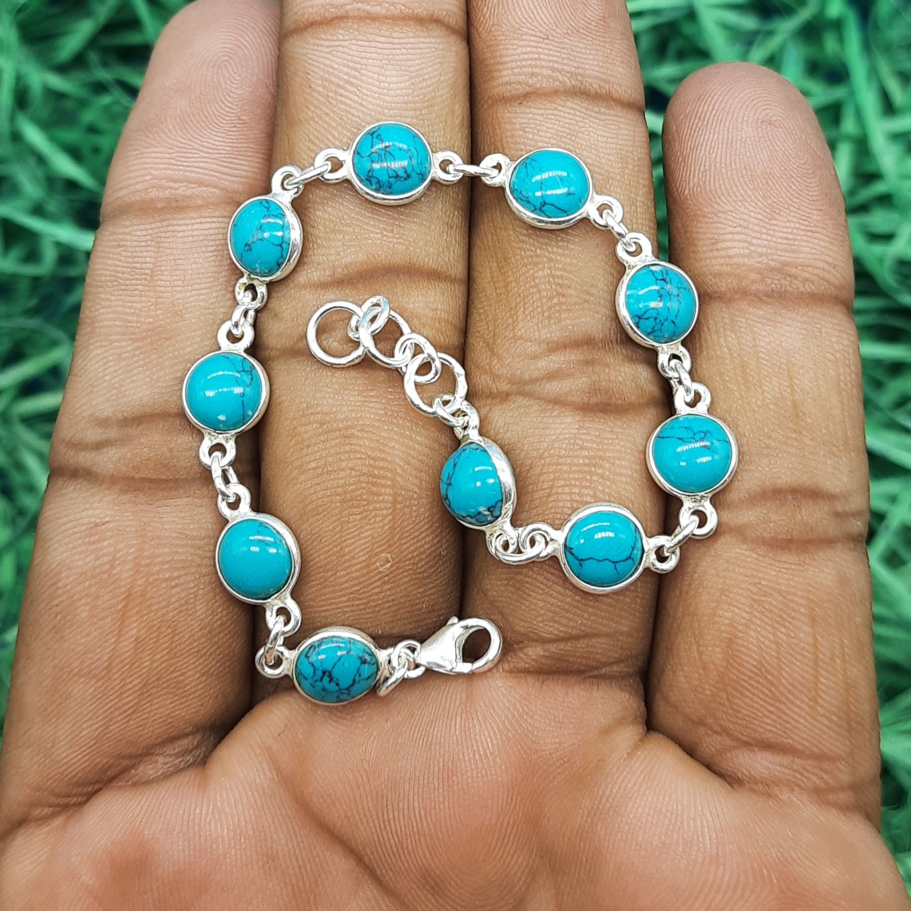 925 Sterling Silver Tibetan Turquoise Bracelet Handmade Minimal Link Design