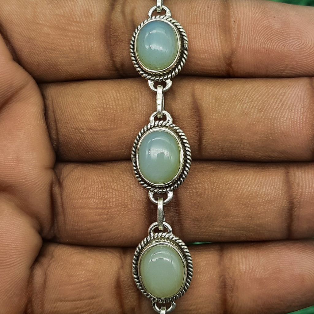 Oval Shape Chalcedony Gemstone Handmade Sterling Silver 925 Chain Bracelet