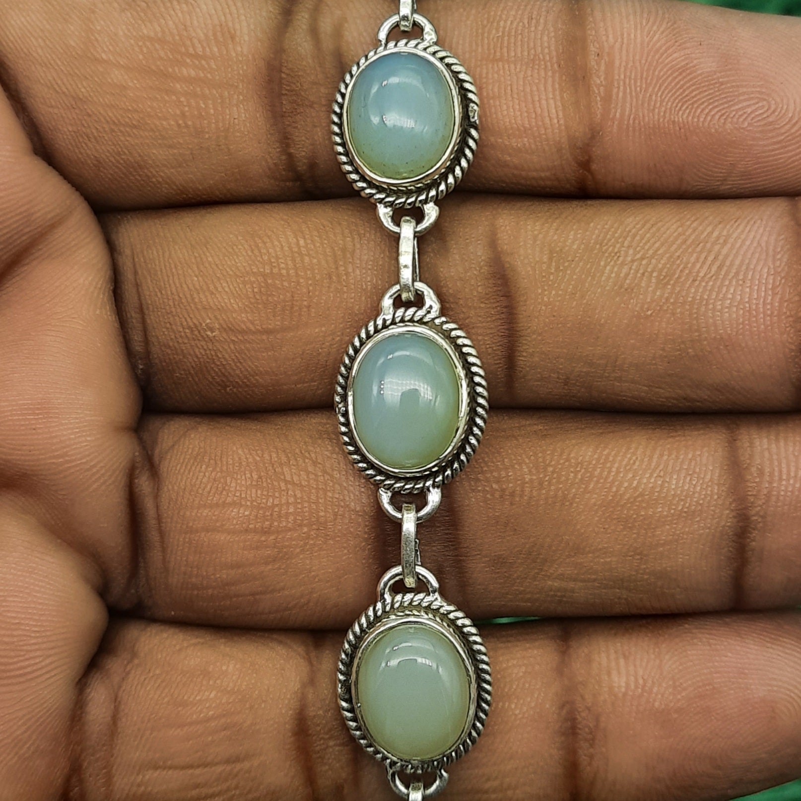 Oval Shape Chalcedony Gemstone Handmade Sterling Silver 925 Chain Bracelet