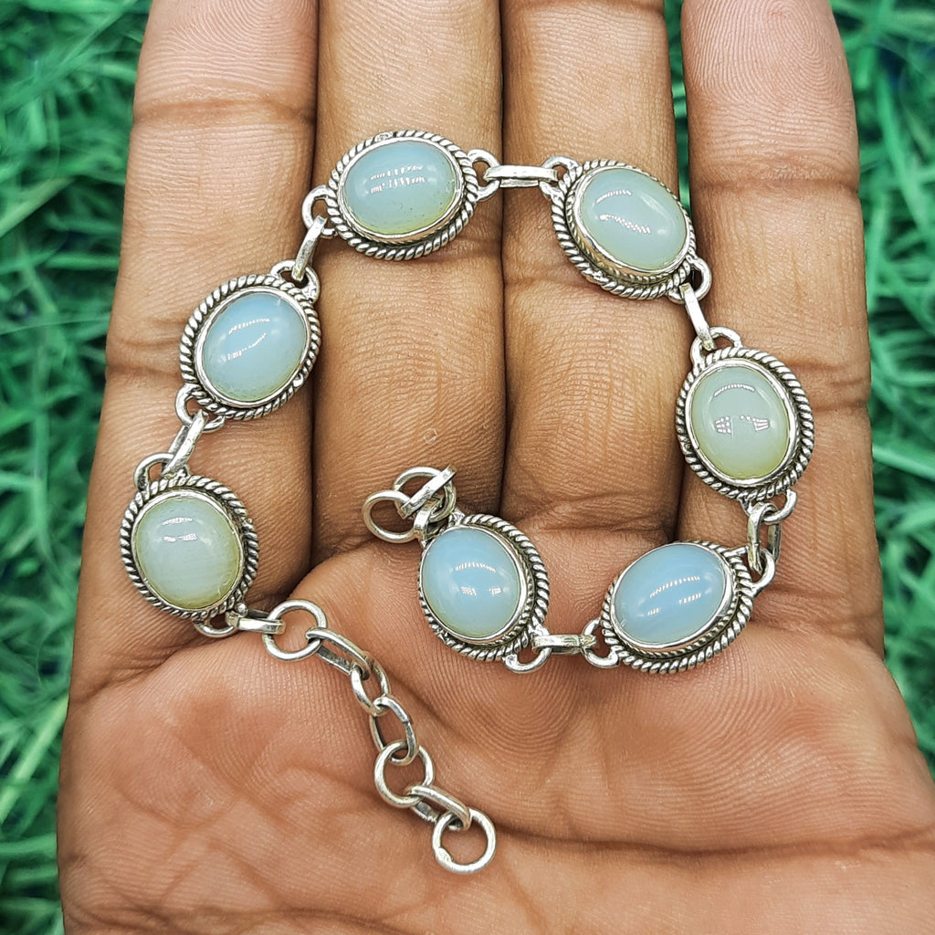 Oval Shape Chalcedony Gemstone Handmade Sterling Silver 925 Chain Bracelet