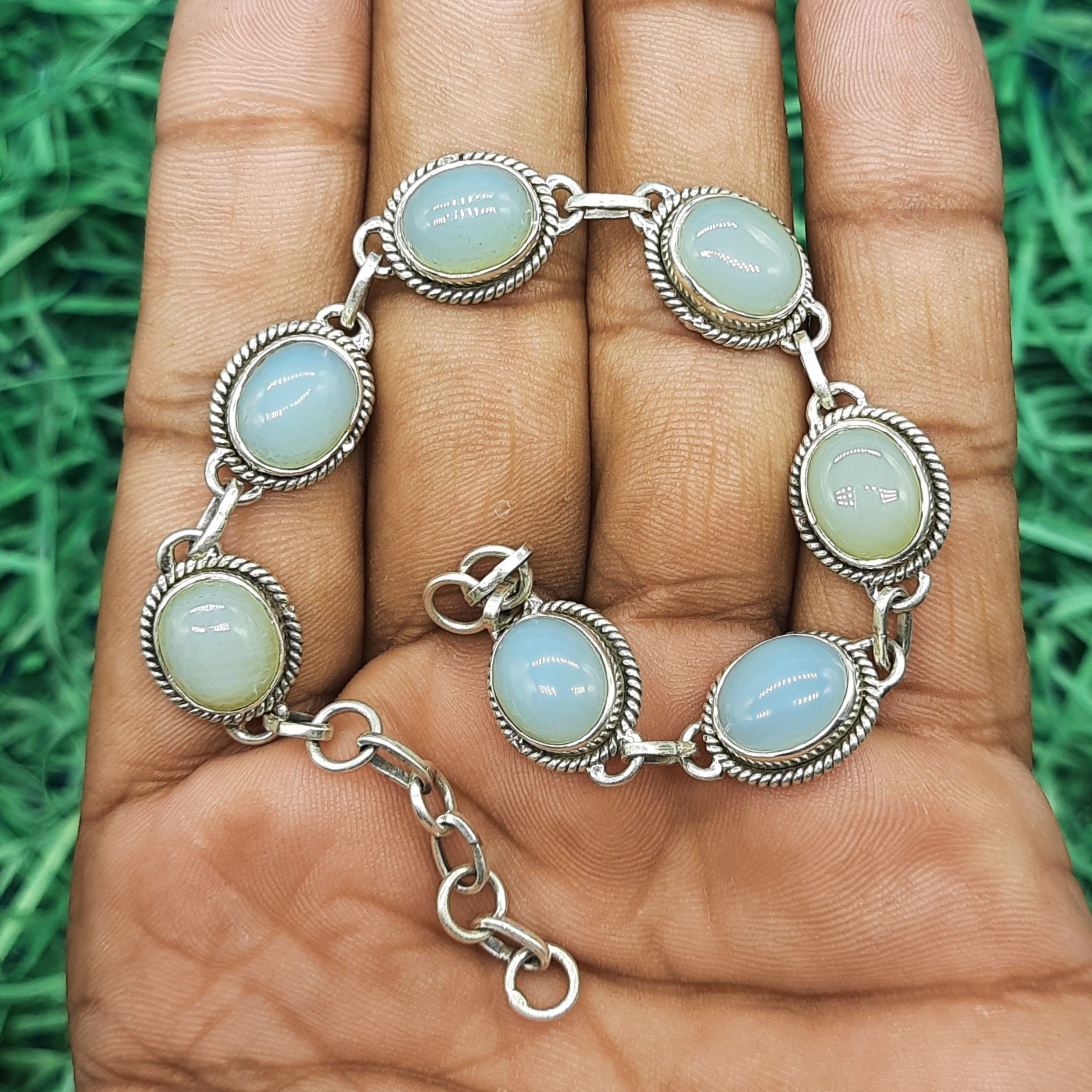 Oval Shape Chalcedony Gemstone Handmade Sterling Silver 925 Chain Bracelet